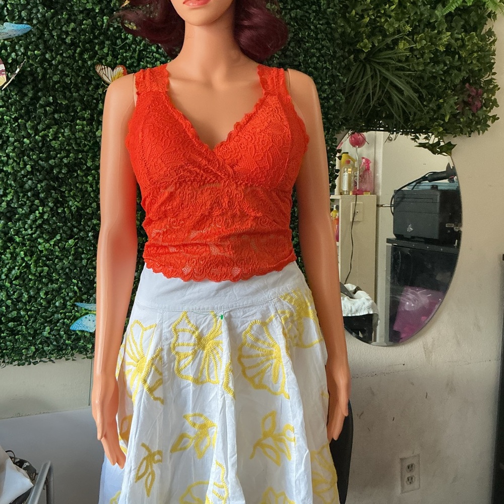 Orange Lace Crop Top and White Skirt Set